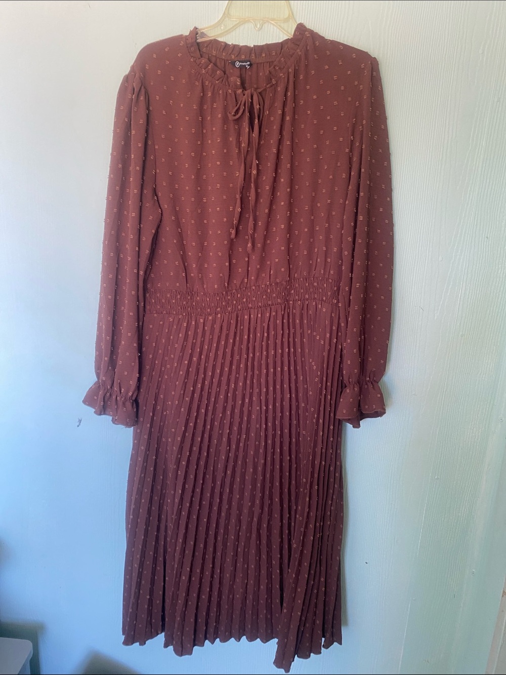 Smocked Waist Rust Long Sleeve Pleated Midi Dress with Tie Neck